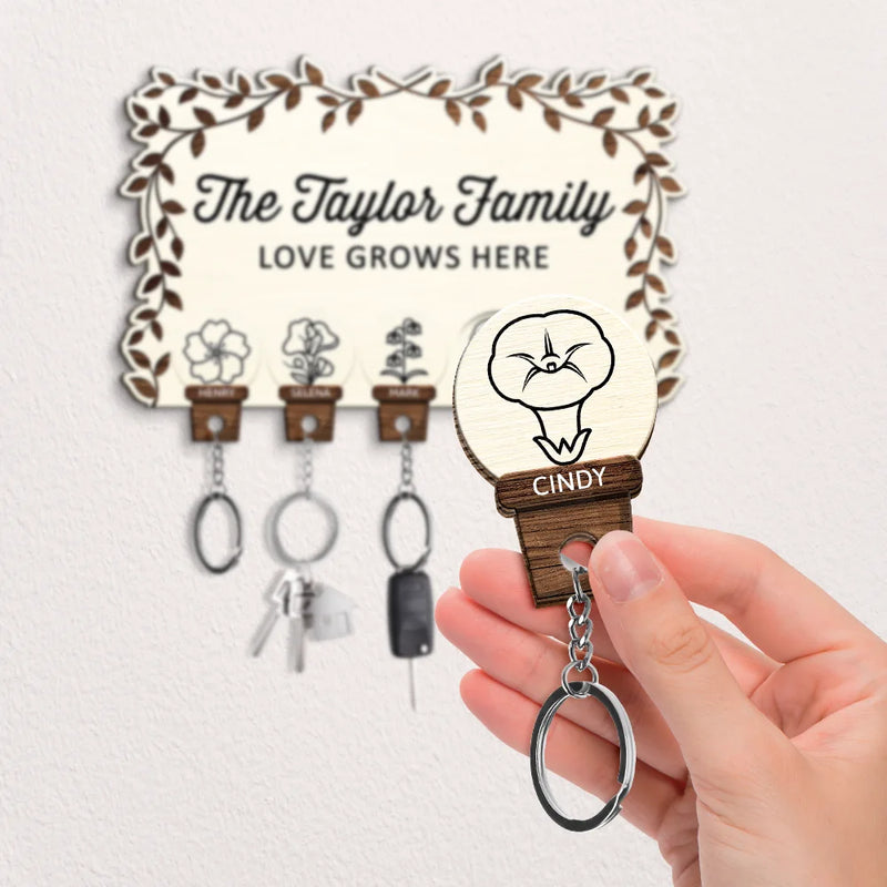 Gift For Couples, Gift For Husband, Gift For Wife, Gift For Boyfriend, Gift For Girlfriend, Parents, Gift For Mother, Gift For Father, Family, Love - Birth Flower Family Love Grows Here - Personalized Custom Shaped Key Holder