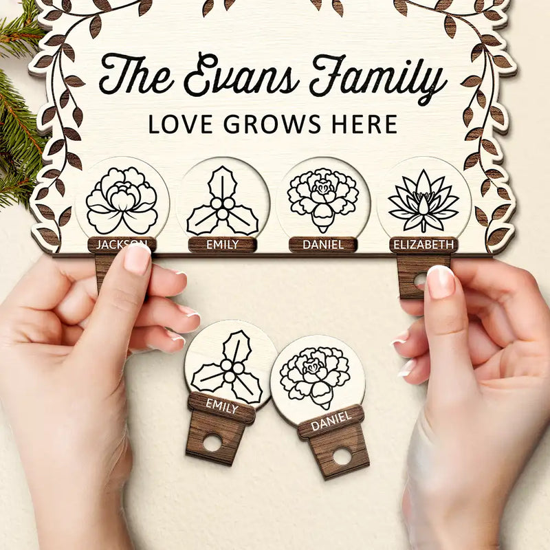 Gift For Couples, Gift For Husband, Gift For Wife, Gift For Boyfriend, Gift For Girlfriend, Parents, Gift For Mother, Gift For Father, Family, Love - Birth Flower Family Love Grows Here - Personalized Custom Shaped Key Holder