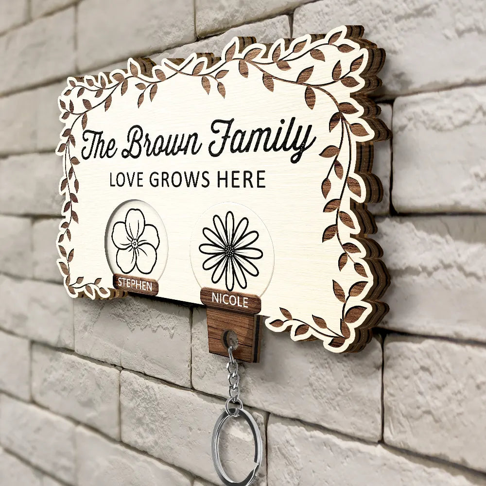 Gift For Couples, Gift For Husband, Gift For Wife, Gift For Boyfriend, Gift For Girlfriend, Parents, Gift For Mother, Gift For Father, Family, Love - Birth Flower Family Love Grows Here - Personalized Custom Shaped Key Holder