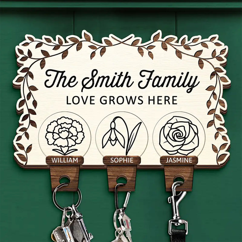 Gift For Couples, Gift For Husband, Gift For Wife, Gift For Boyfriend, Gift For Girlfriend, Parents, Gift For Mother, Gift For Father, Family, Love - Birth Flower Family Love Grows Here - Personalized Custom Shaped Key Holder