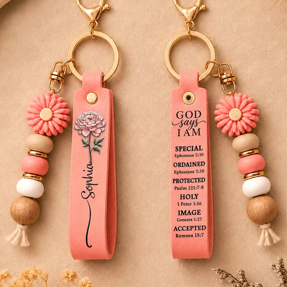 Healing,Gift For Yourself,Gift For Women,Icon - Birth Flower God Says You Are Bible Verse - Personalized Leather Beaded Keychain
