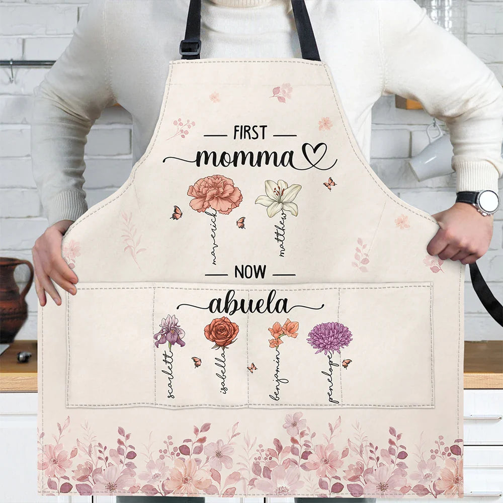 Gift For Mother,Gift For Grandma - Birth Flower Grandkid First Mom Now Grandma - Personalized Apron
