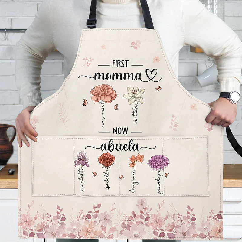 Gift For Mother,Gift For Grandma - Birth Flower Grandkid First Mom Now Grandma - Personalized Apron