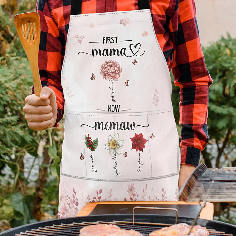 Gift For Mother,Gift For Grandma - Birth Flower Grandkid First Mom Now Grandma - Personalized Apron