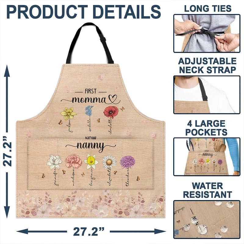 Gift For Mother,Gift For Grandma - Birth Flower Grandkid First Mom Now Grandma - Personalized Apron