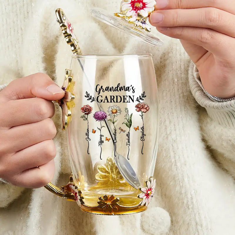 Gift For Mother,Gift For Grandma - Birth Flower Grandma's Garden - Personalized Glass Flower Tea Cup