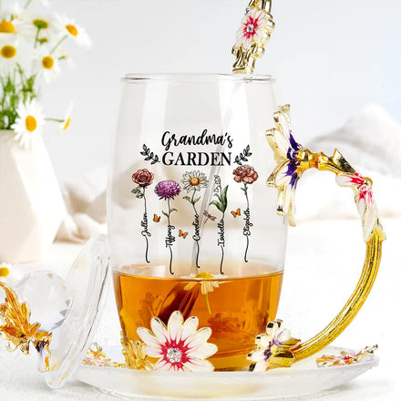 Birth Flower Grandma's Garden - Personalized Glass Flower Tea Cup