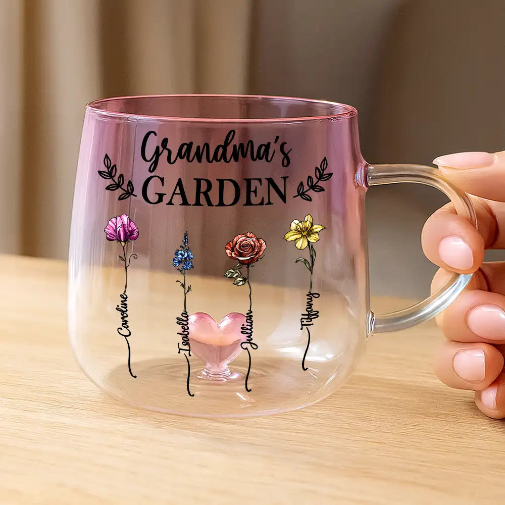 Gift For Grandma, Gift For Mother, Gift For Wife, Gift For Women, Happy - Birth Flower Grandma's Garden - Personalized Gradient Glass Mug