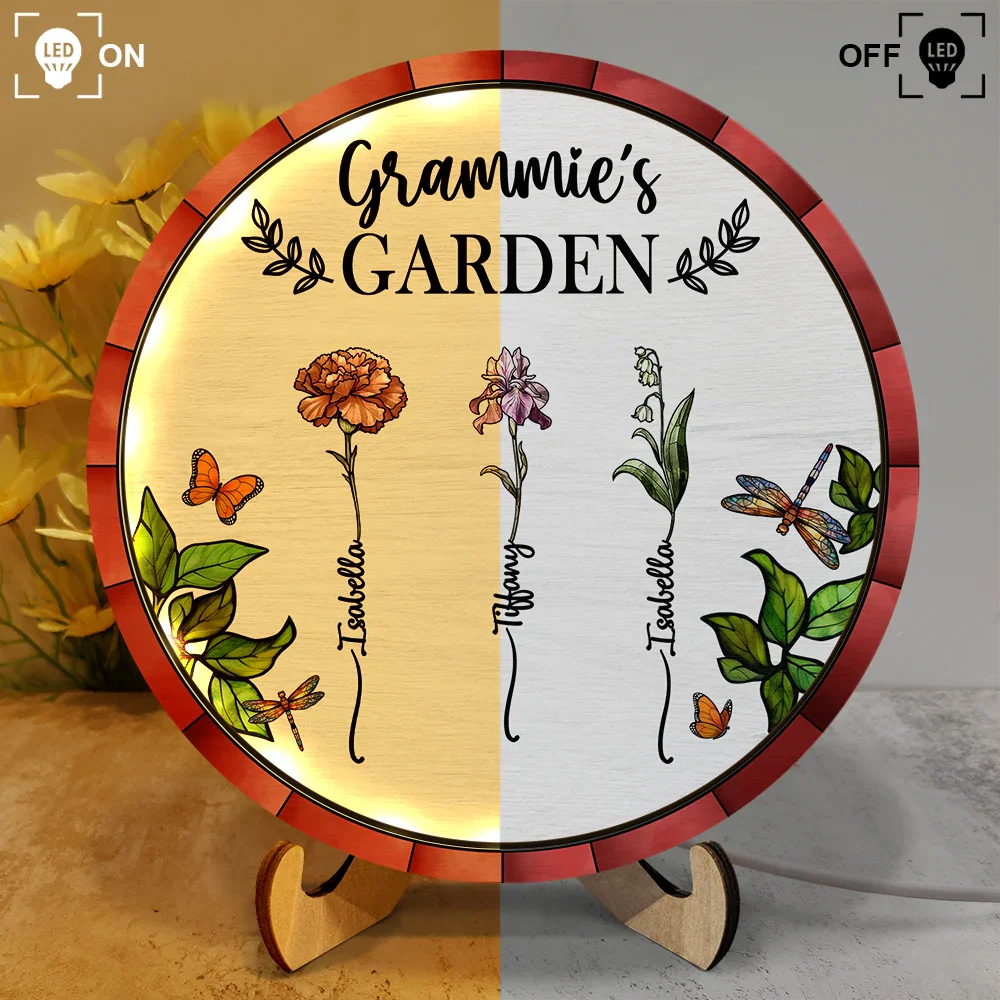 Gift For Mother,Gift For Grandma,Love - Birth Flower Grandma's Garden - Personalized LED Light Wooden Plaque