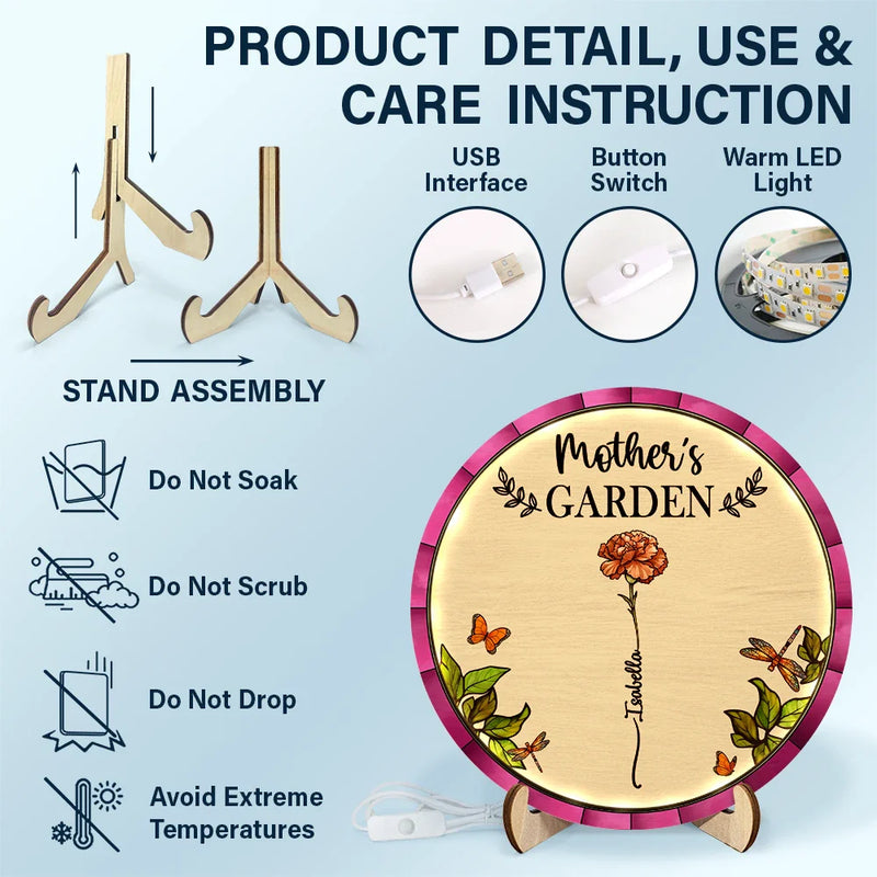 Gift For Mother,Gift For Grandma,Love - Birth Flower Grandma's Garden - Personalized LED Light Wooden Plaque