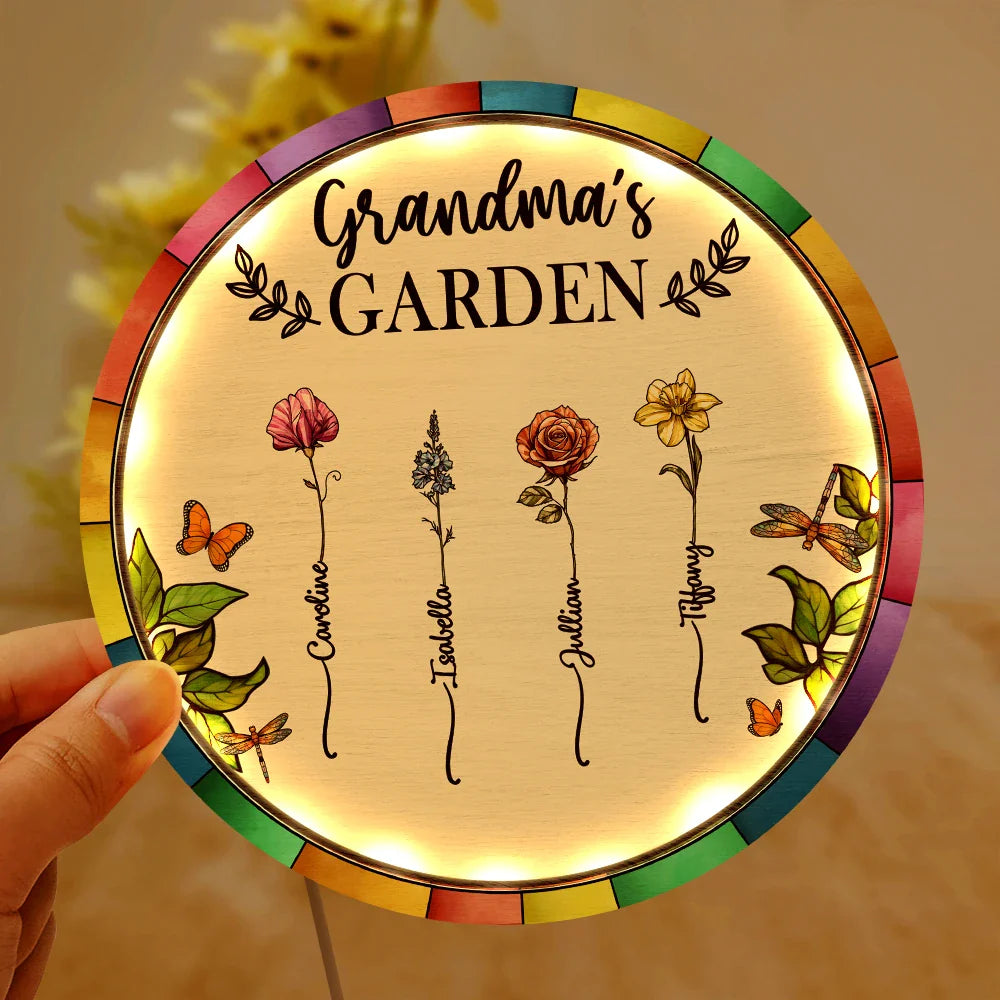 Gift For Mother,Gift For Grandma,Love - Birth Flower Grandma's Garden - Personalized LED Light Wooden Plaque