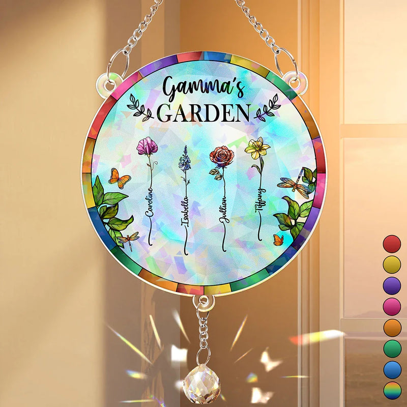 Gift For Mother,Gift For Grandma,Love,Gift For Wife - Birth Flower Grandma's Garden - Personalized Rainbow Suncatcher With Crystal Ball Prism