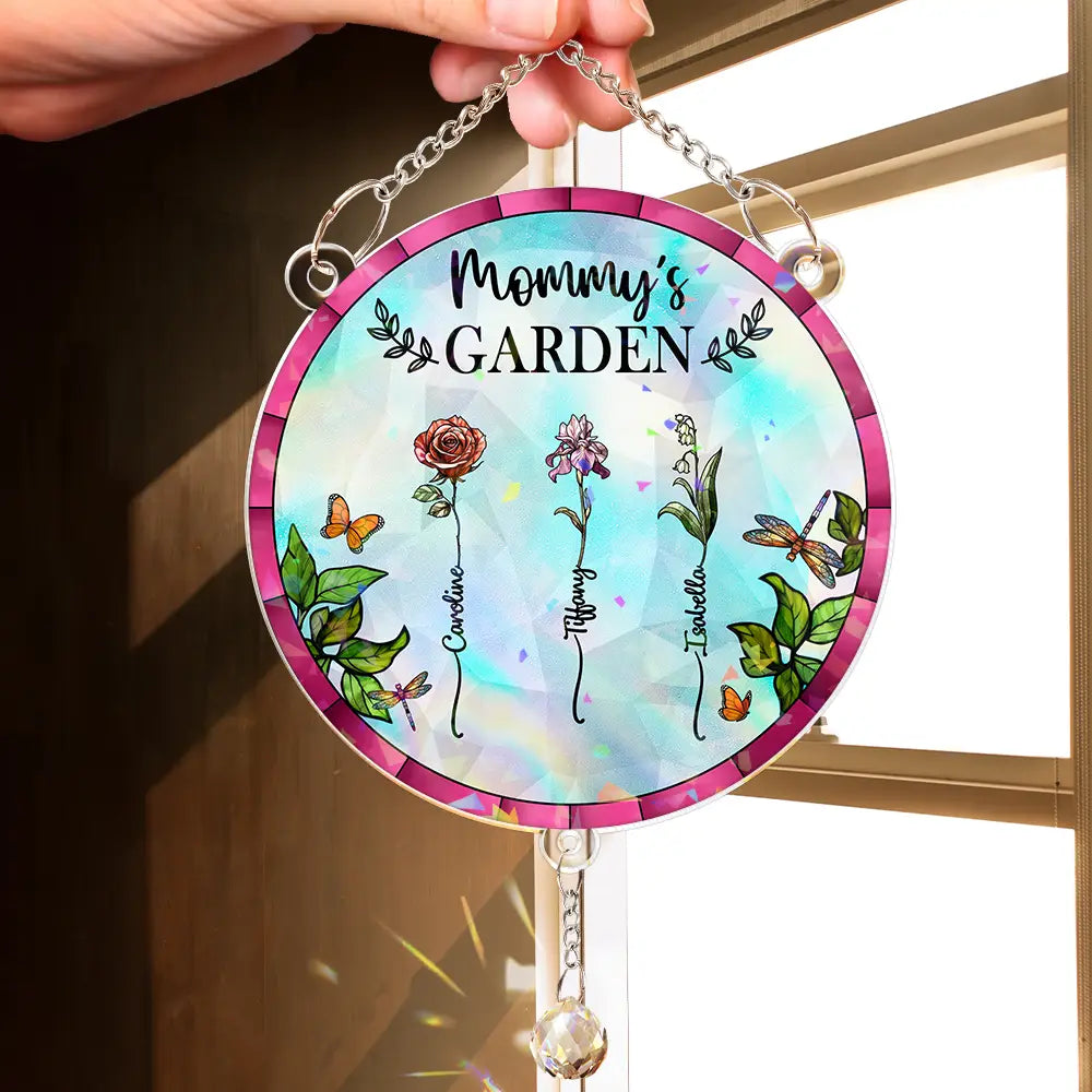 Gift For Mother,Gift For Grandma,Love,Gift For Wife - Birth Flower Grandma's Garden - Personalized Rainbow Suncatcher With Crystal Ball Prism