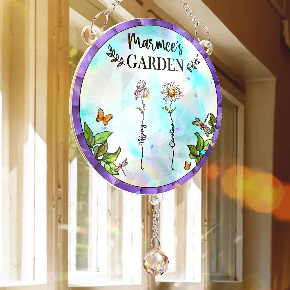 Gift For Mother,Gift For Grandma,Love,Gift For Wife - Birth Flower Grandma's Garden - Personalized Rainbow Suncatcher With Crystal Ball Prism