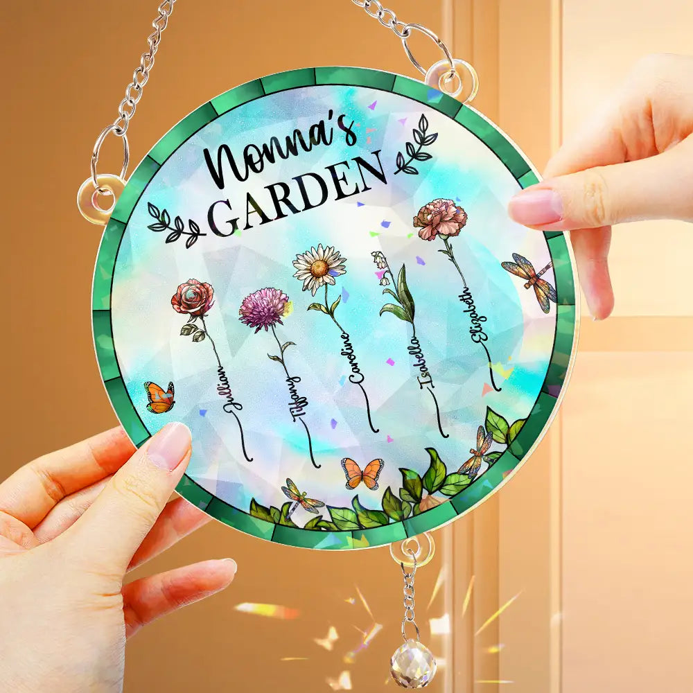 Gift For Mother,Gift For Grandma,Love,Gift For Wife - Birth Flower Grandma's Garden - Personalized Rainbow Suncatcher With Crystal Ball Prism