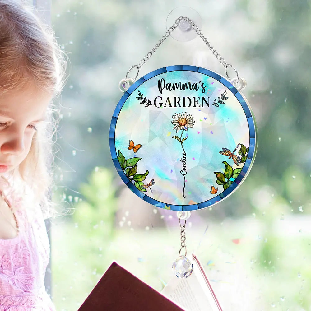 Gift For Mother,Gift For Grandma,Love,Gift For Wife - Birth Flower Grandma's Garden - Personalized Rainbow Suncatcher With Crystal Ball Prism