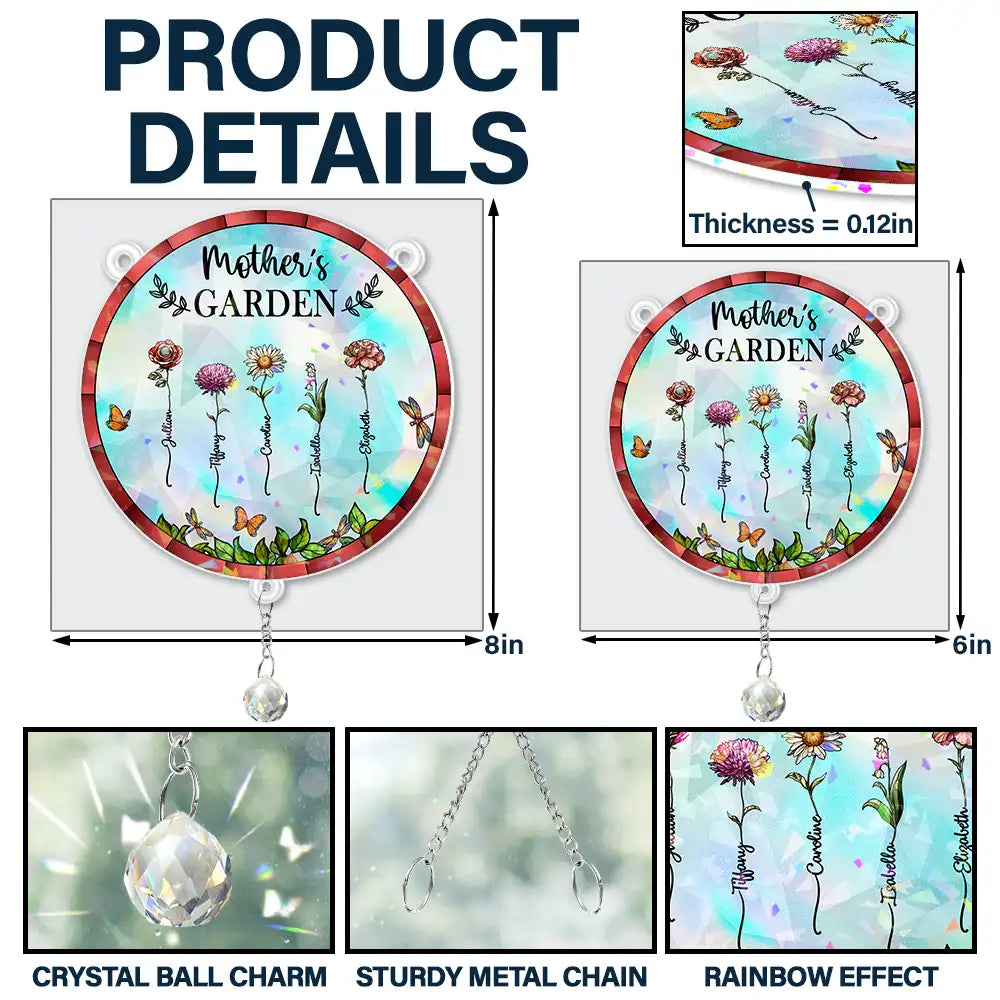 Gift For Mother,Gift For Grandma,Love,Gift For Wife - Birth Flower Grandma's Garden - Personalized Rainbow Suncatcher With Crystal Ball Prism