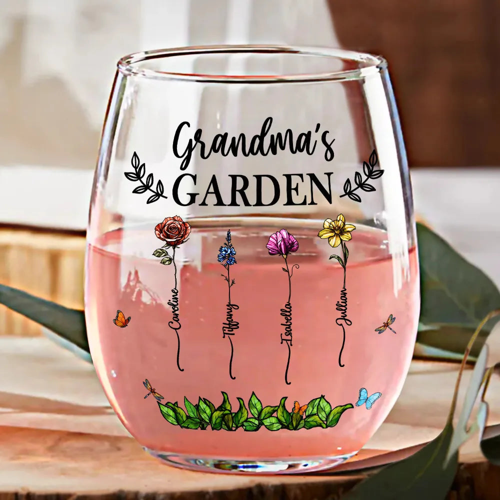 Birth Flower Grandma's Garden - Personalized Stemless Wine Glass