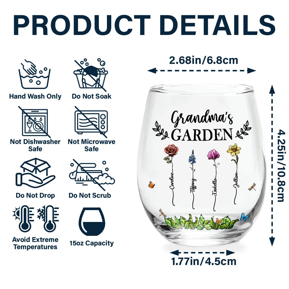 Gift For Grandma, Gift For Mother, Love - Birth Flower Grandma's Garden - Personalized Stemless Wine Glass