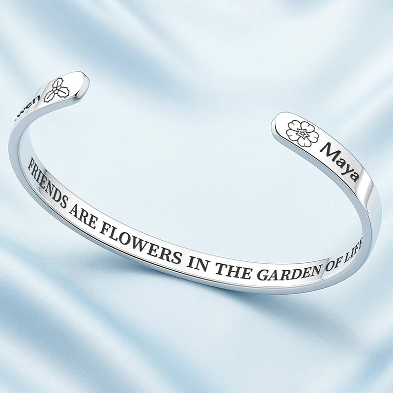 Gift For Bestie, Old Best friends, Love - Birth Flower Grow An Old Friend - Personalized Bangle Bracelet Cuff