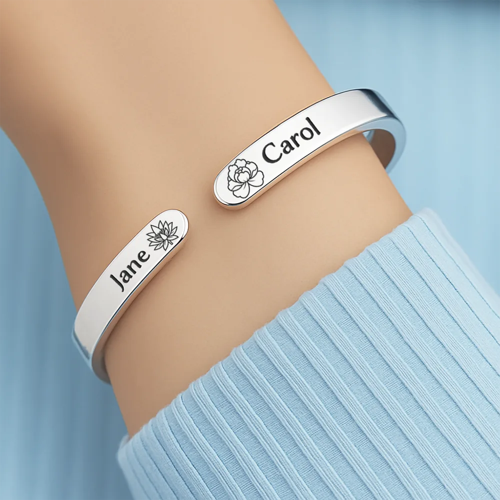 Gift For Bestie, Old Best friends, Love - Birth Flower Grow An Old Friend - Personalized Bangle Bracelet Cuff