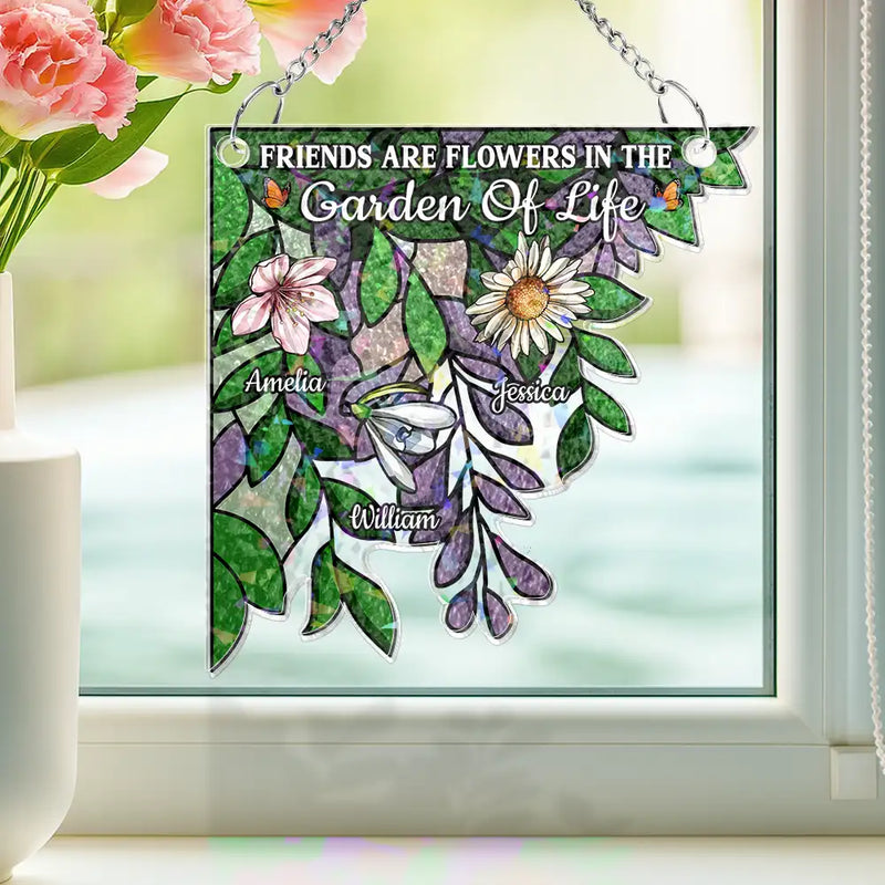 Happy,Gift For Bestie,Old Best friends,Gift For Sisters - Birth Flower Grow An Old Friend - Personalized Window Corner Suncatcher