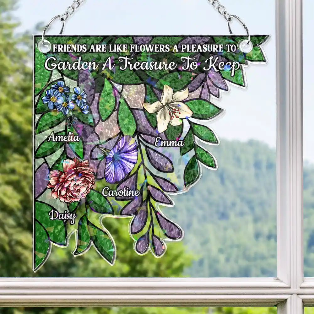 Happy,Gift For Bestie,Old Best friends,Gift For Sisters - Birth Flower Grow An Old Friend - Personalized Window Corner Suncatcher