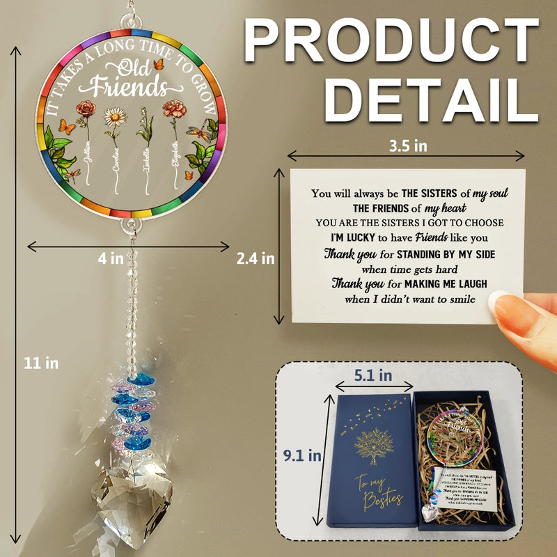 Gift For Bestie,Gift For Sisters,Love - Birth Flower Grow An Old Friend To My Bestie - Personalized Heart Crystal Suncatcher