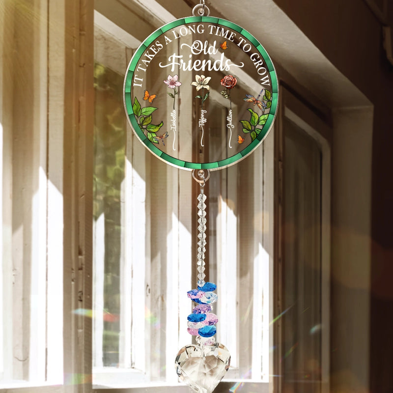 Gift For Bestie,Gift For Sisters,Love - Birth Flower Grow An Old Friend To My Bestie - Personalized Heart Crystal Suncatcher