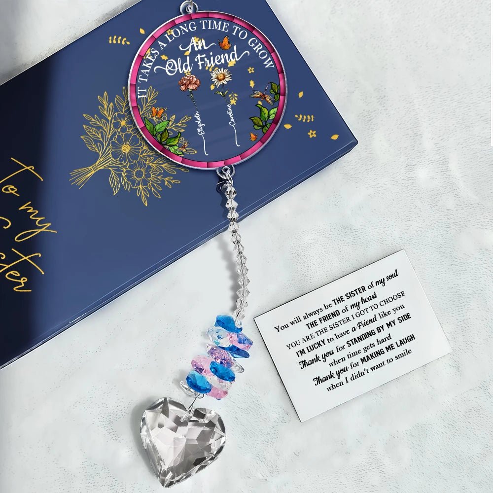 Gift For Bestie,Gift For Sisters,Love - Birth Flower Grow An Old Friend To My Bestie - Personalized Heart Crystal Suncatcher