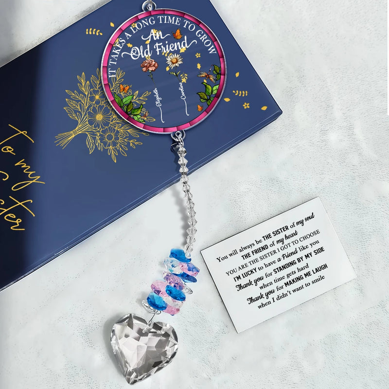 Gift For Bestie,Gift For Sisters,Love - Birth Flower Grow An Old Friend To My Bestie - Personalized Heart Crystal Suncatcher