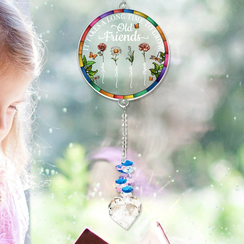 Gift For Bestie,Gift For Sisters,Love - Birth Flower Grow An Old Friend To My Bestie - Personalized Heart Crystal Suncatcher