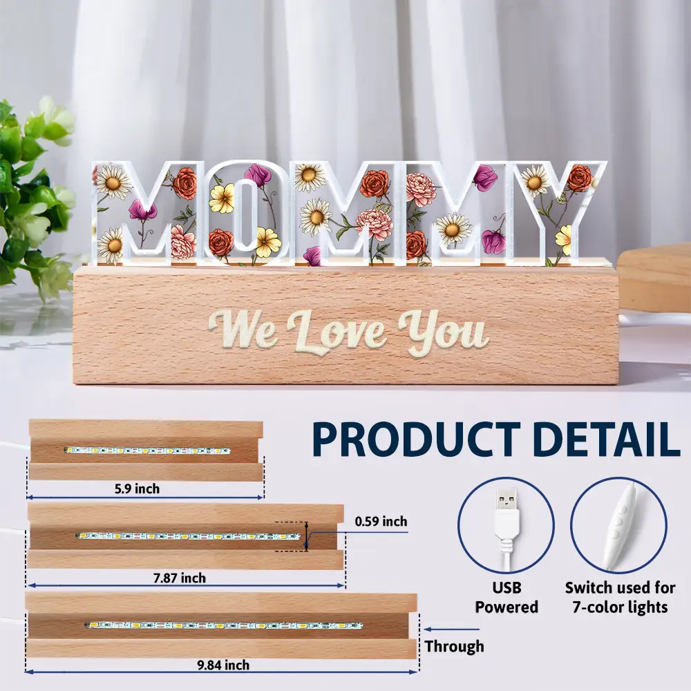 Gift For Mother - Birth Flower Mommy We Love You - Personalized Custom Shaped LED Light
