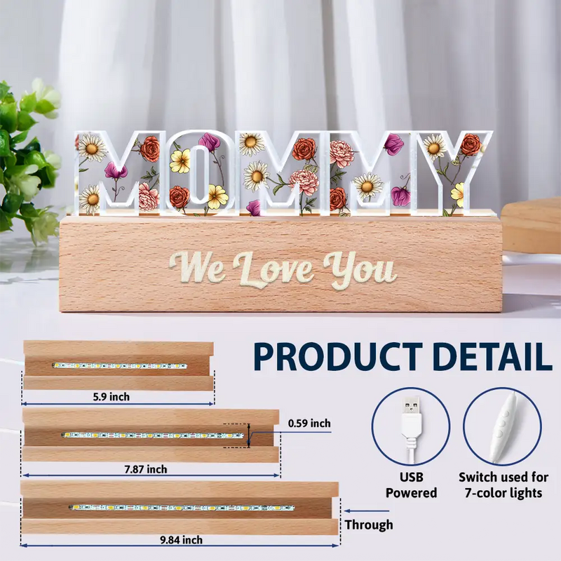 Gift For Mother - Birth Flower Mommy We Love You - Personalized Custom Shaped LED Light