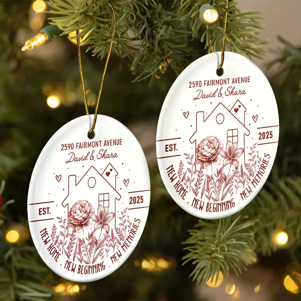 Gift For Couples,Christmas,Gift For Husband,Gift For Wife,Gift For Boyfriend,Gift For Girlfriend,Happy - Birth Flower New Home New Beginning - Personalized Circle Ceramic Ornament