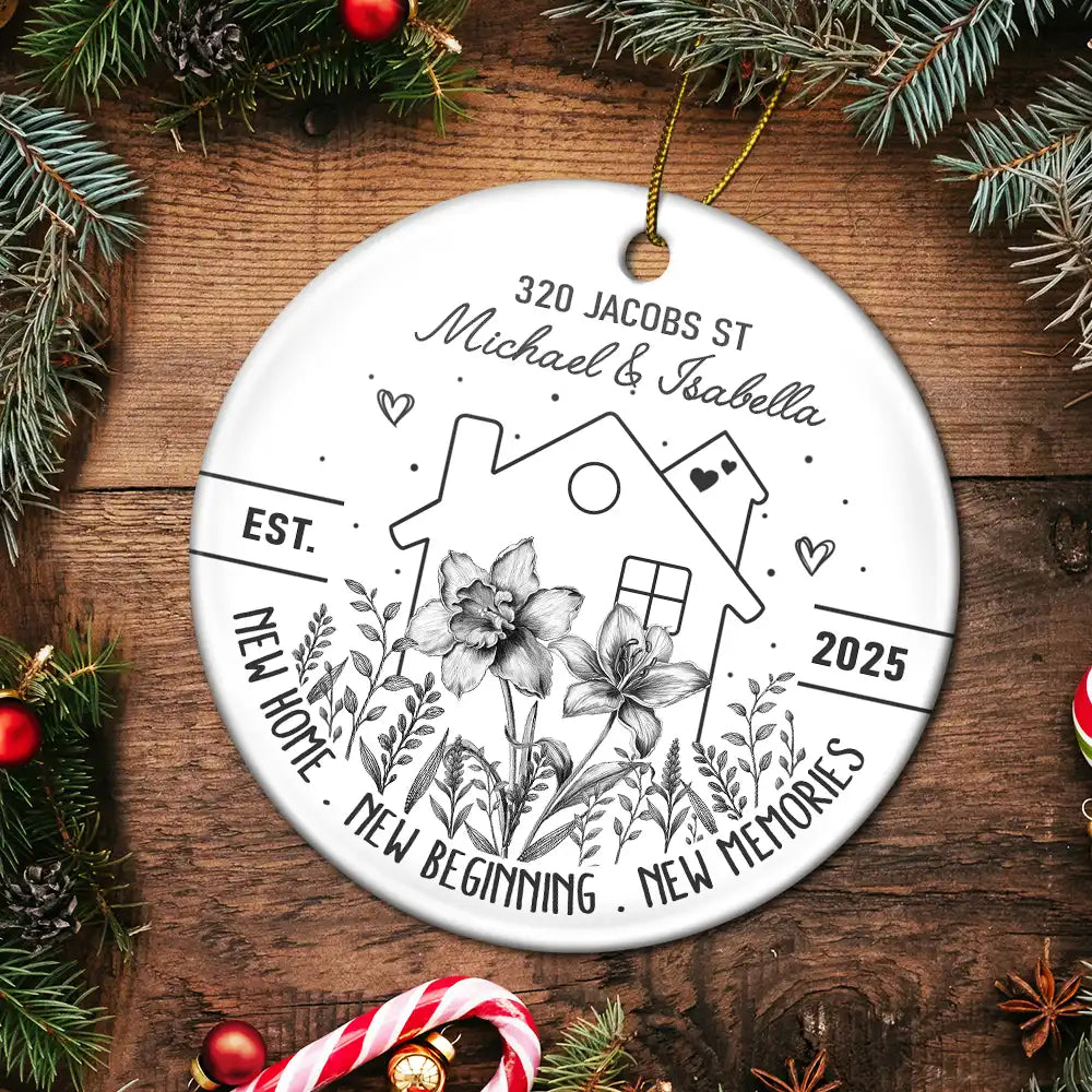 Gift For Couples,Christmas,Gift For Husband,Gift For Wife,Gift For Boyfriend,Gift For Girlfriend,Happy - Birth Flower New Home New Beginning - Personalized Circle Ceramic Ornament