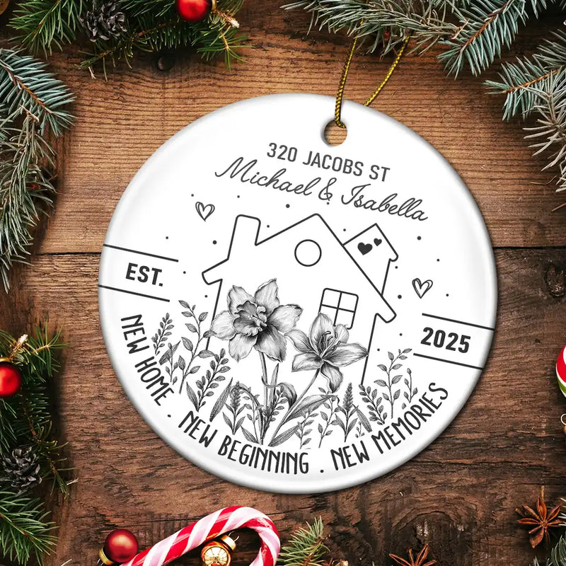 Gift For Couples,Christmas,Gift For Husband,Gift For Wife,Gift For Boyfriend,Gift For Girlfriend,Happy - Birth Flower New Home New Beginning - Personalized Circle Ceramic Ornament