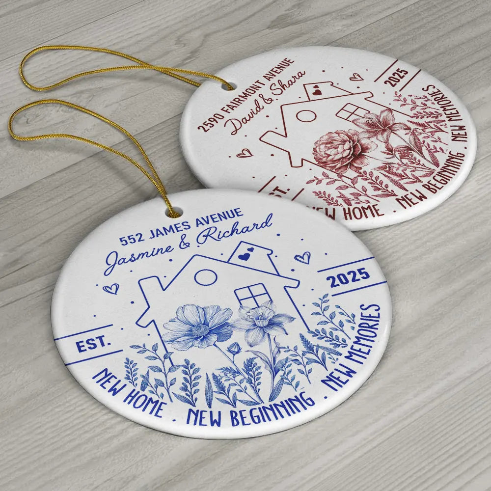 Gift For Couples,Christmas,Gift For Husband,Gift For Wife,Gift For Boyfriend,Gift For Girlfriend,Happy - Birth Flower New Home New Beginning - Personalized Circle Ceramic Ornament