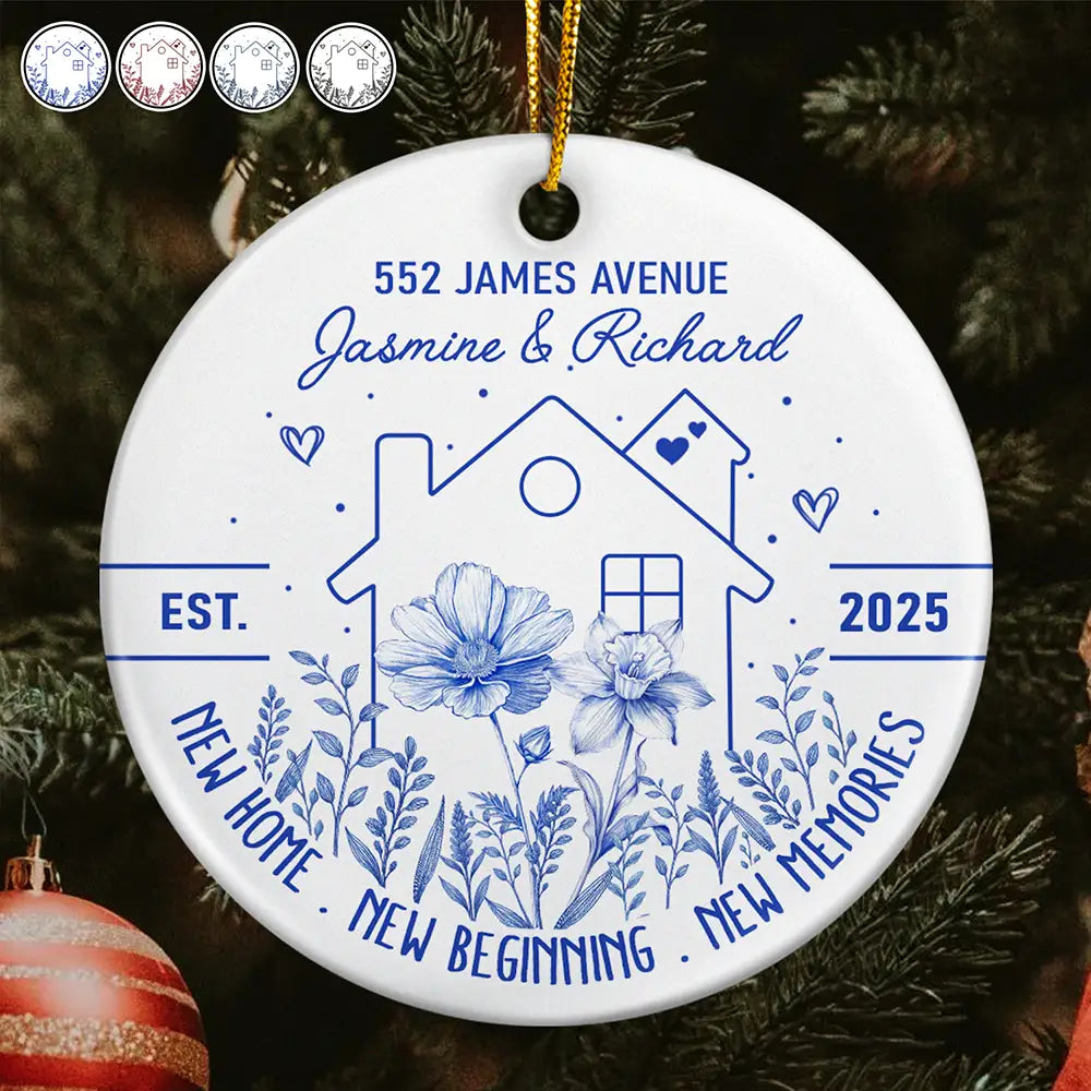 Gift For Couples,Christmas,Gift For Husband,Gift For Wife,Gift For Boyfriend,Gift For Girlfriend,Happy - Birth Flower New Home New Beginning - Personalized Circle Ceramic Ornament