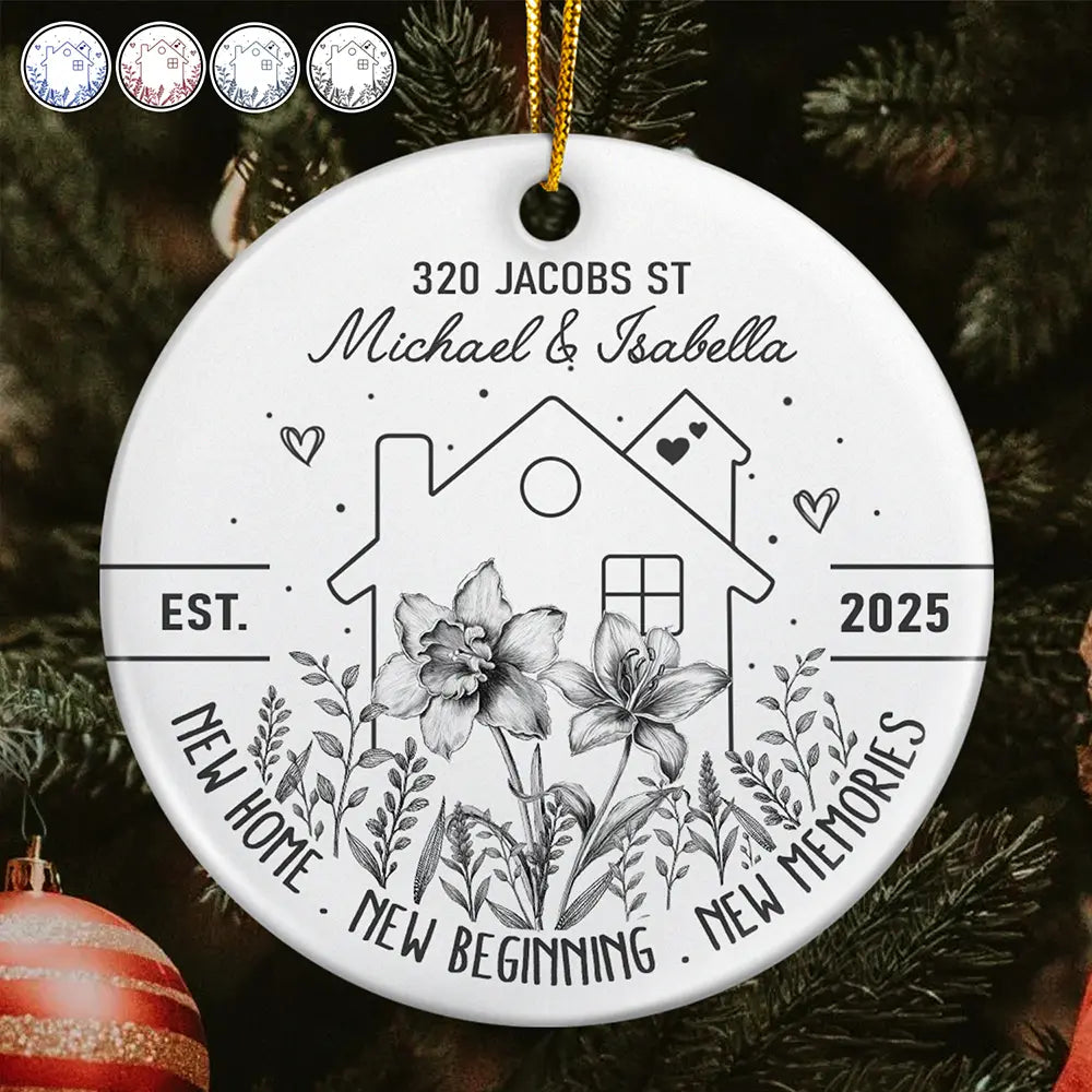 Gift For Couples,Christmas,Gift For Husband,Gift For Wife,Gift For Boyfriend,Gift For Girlfriend,Happy - Birth Flower New Home New Beginning - Personalized Circle Ceramic Ornament