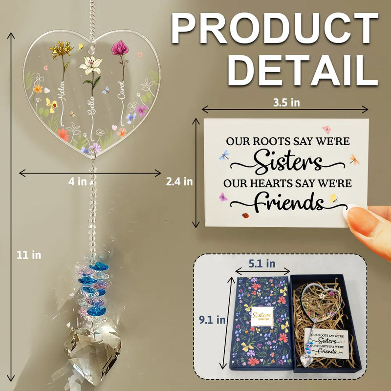 Gift For Sisters,Gift For Bestie,Old Best friends,Gift For Sibling,Love - Birth Flower Sisters Besties From The Same Garden - Personalized Heart Crystal Suncatcher