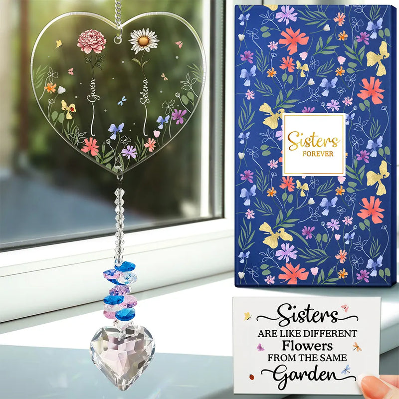 Gift For Sisters,Gift For Bestie,Old Best friends,Gift For Sibling,Love - Birth Flower Sisters Besties From The Same Garden - Personalized Heart Crystal Suncatcher