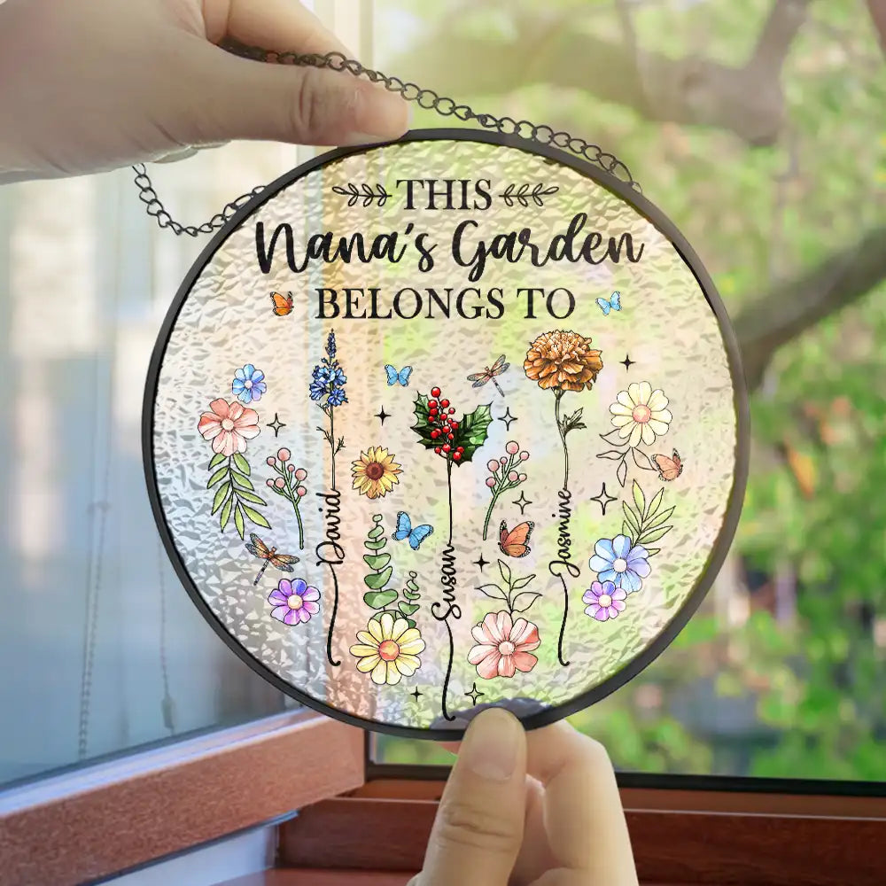 Gift For Yourself,Gift For Women,Gift For Mother,Gift For Grandma - Birth Flower This Grandma's Mom's Garden Belongs - Personalized Stained Glass Window Hanging Suncatcher