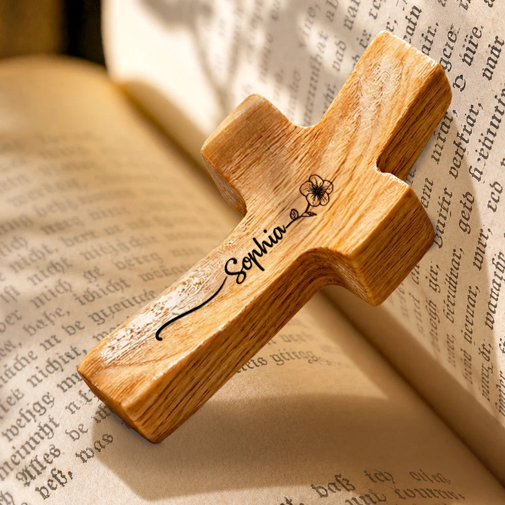 Birth Flower With Name - Personalized Wooden Pocket Prayer Cross