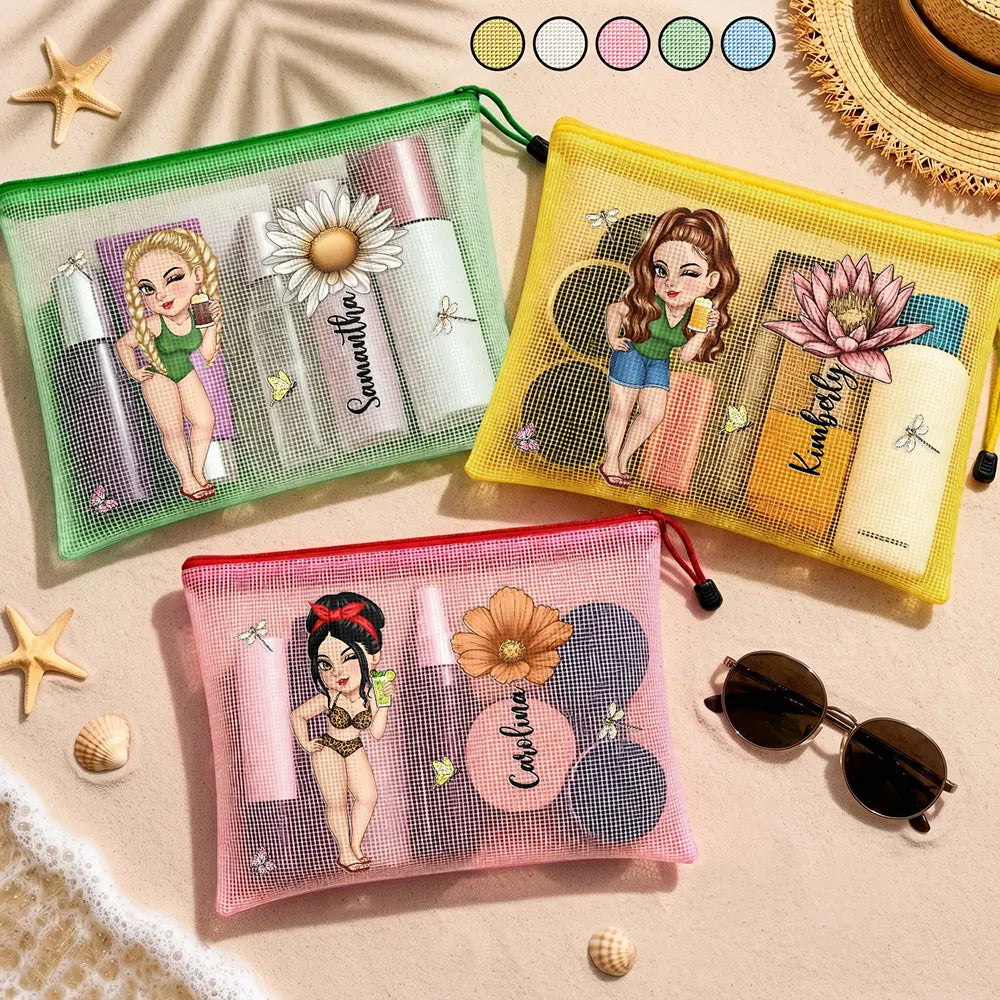 Birth Flower Woman, Besties, Sisters For Summer And Travel - Personalized Mesh Zipper Pouch