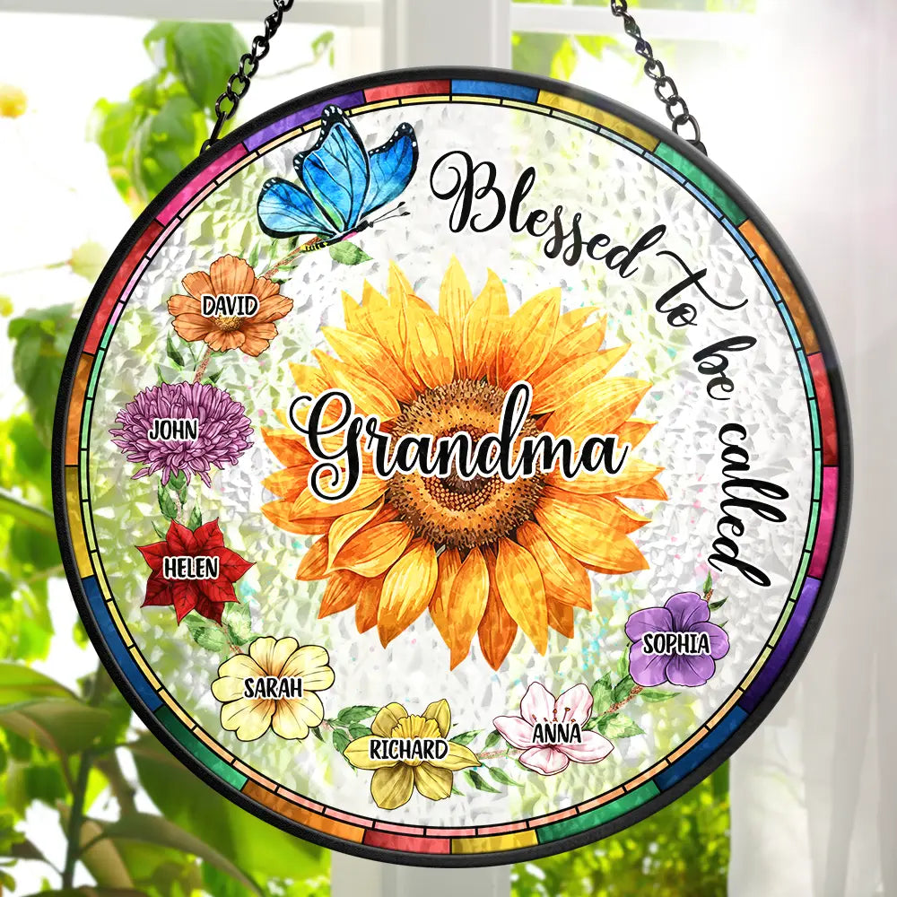 Gift For Grandma, Love - Birth Flowers Bless to Be Called - Personalized Stained Glass Window Hanging Suncatcher