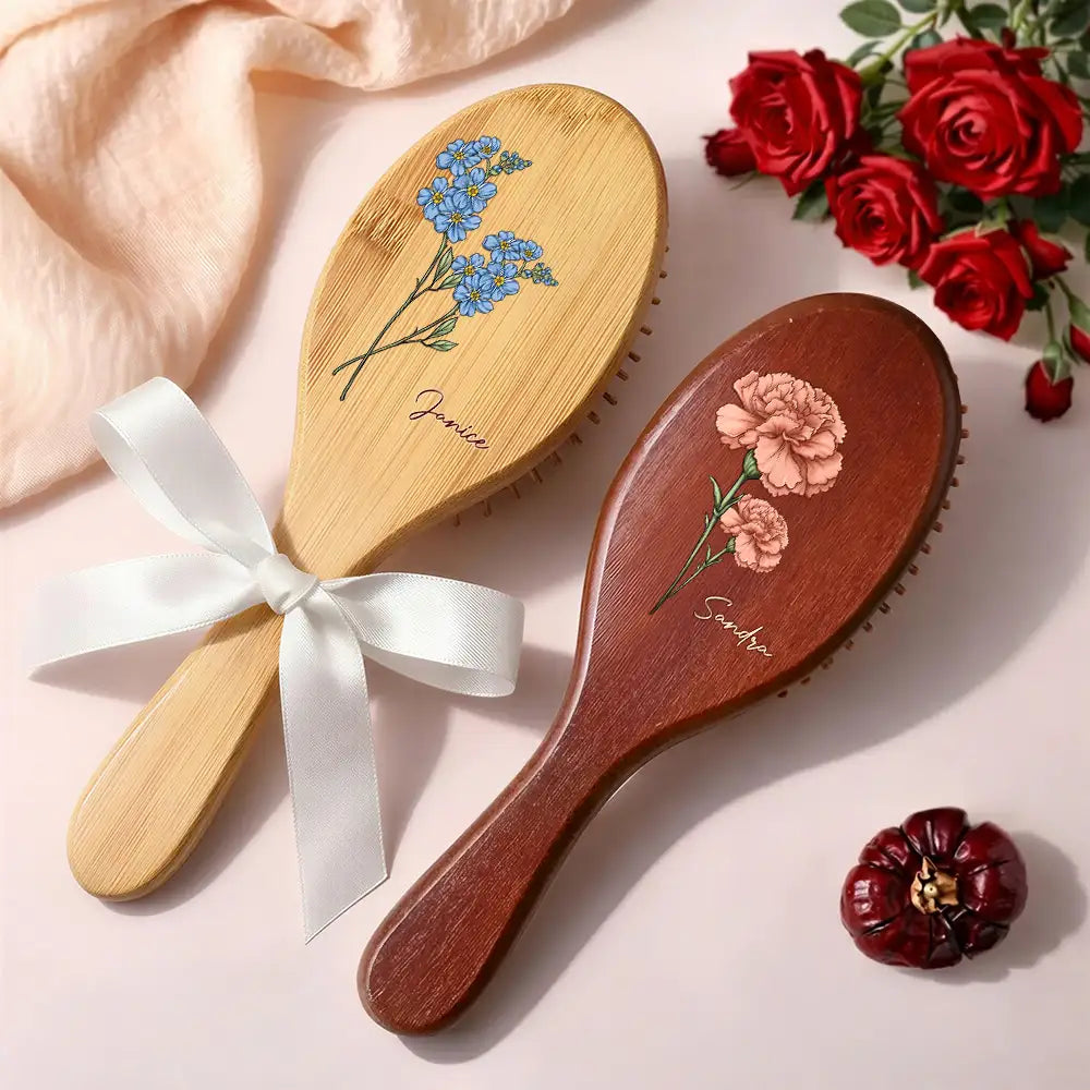 Gift For Wife,Gift For Girlfriend,Gift For Women,Gift For Yourself,Gift For Aunt,Gift For Mother,Gift For Grandma,Gift For Daughter,Gift For Sisters,Gift For Bestie,Happy - Birth Flowers Bloom Where You're Planted - Personalized Wooden Hair Brush