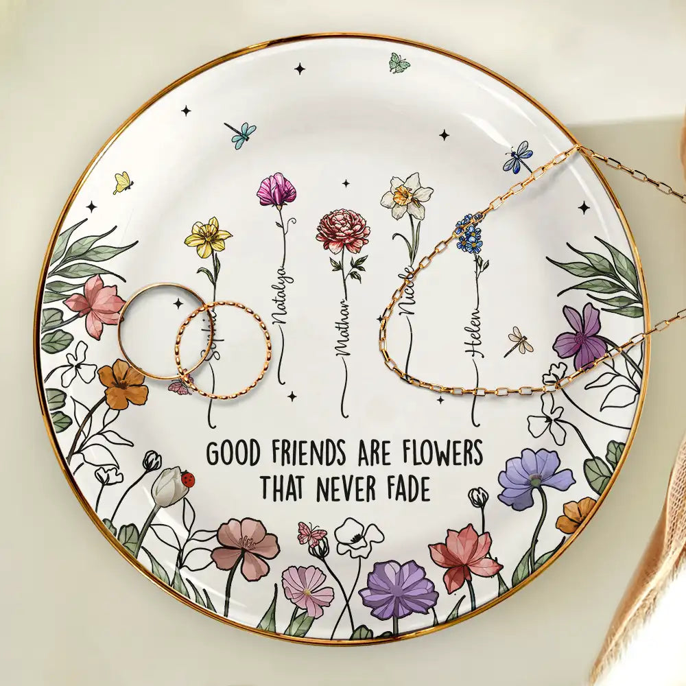 Birth Flowers Grow An Old Friend - Personalized Round Ring Dish
