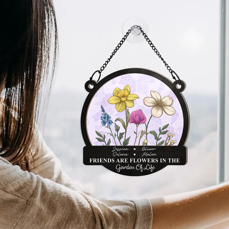 Happy, Gift For Bestie, Old Best friends, Gift For Sisters - Birth Flowers Grow An Old Friend - Personalized Window Hanging Suncatcher Ornament