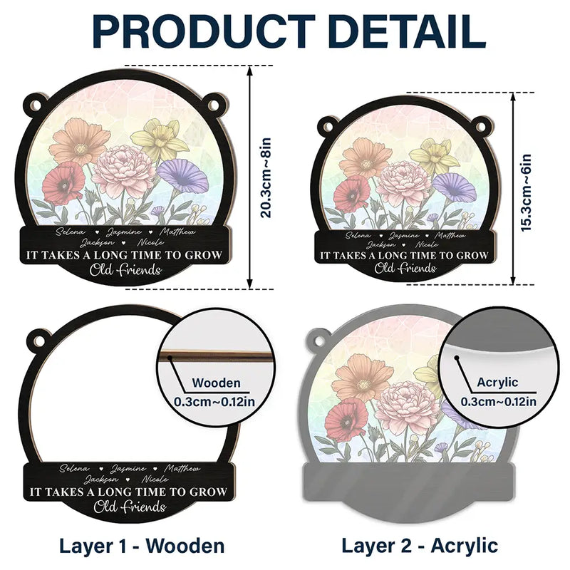 Happy, Gift For Bestie, Old Best friends, Gift For Sisters - Birth Flowers Grow An Old Friend - Personalized Window Hanging Suncatcher Ornament